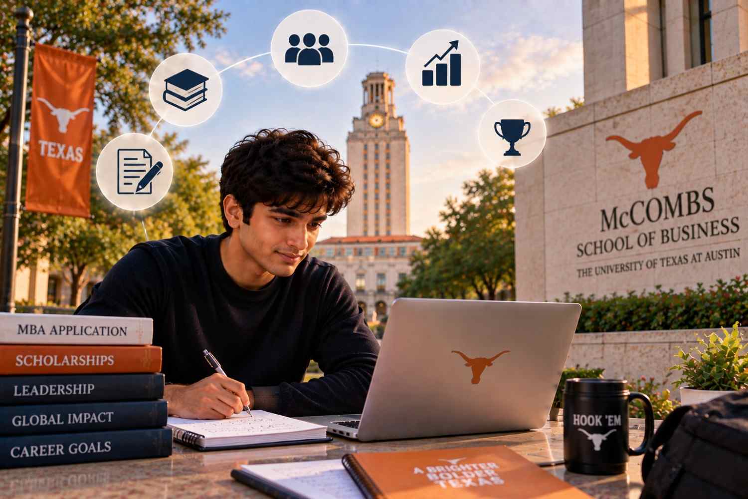 Student preparing an MBA scholarship application at the McCombs School of Business, with icons representing academics, leadership, networking, achievement, and career goals against the UT Austin campus.